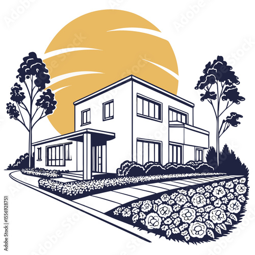 Modern house with trees and floral garden under sun silhouette flowers