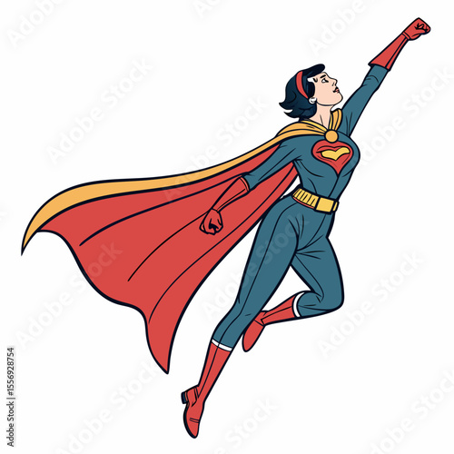 Woman superhero flying with red cape and blue suit vector