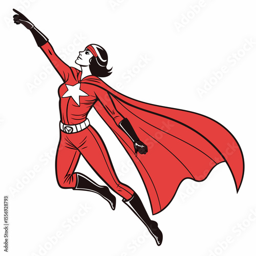 Heroic woman in red costume flying with cape superhero