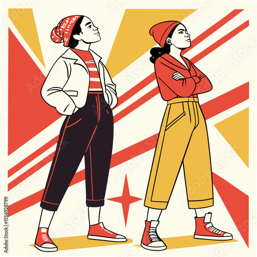 Bold women looking up with red yellow and cream background retro bold colors