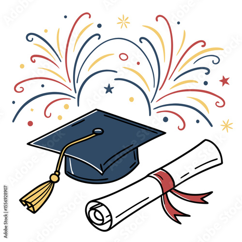 Graduation cap scroll and celebratory fireworks diploma celebration