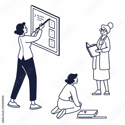 Teacher instructing students with whiteboard and book classroom learning