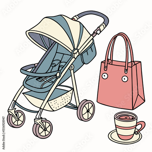 Blue stroller pink bag coffee cup with stripes baby transportation