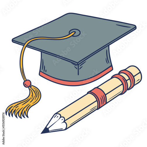 Graduation cap and diploma with pencil education academic