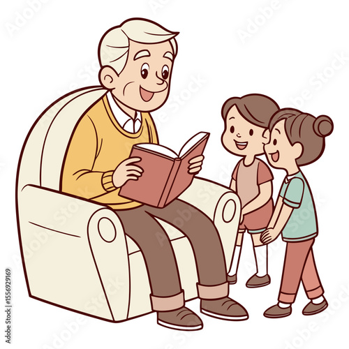 Grandfather reading book to children in armchair vector