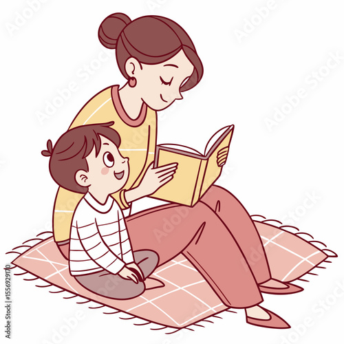 Mother reading book to happy child illustration vector