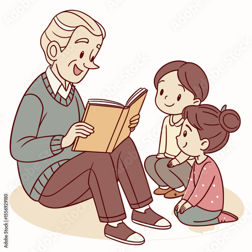 Elderly man reading book to children grandpa learning