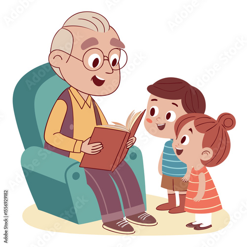 Grandpa reading book to children in armchair vector