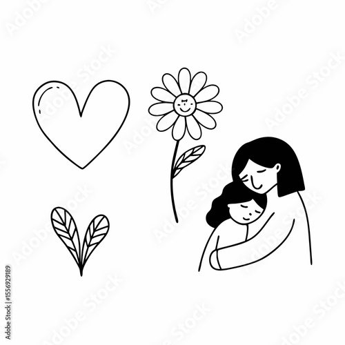 Mother and child hug with flower and heart love