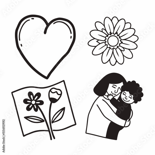 Mother and child hugging with heart and flowers love