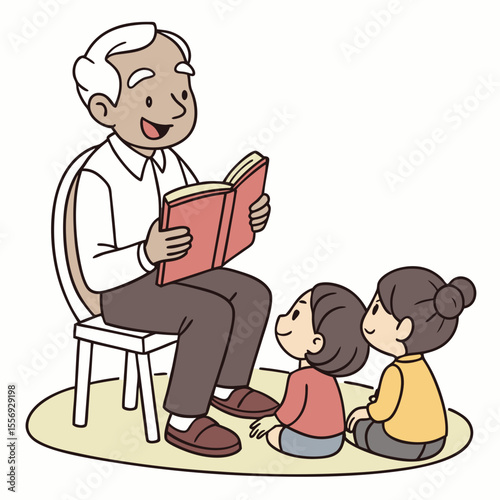 Elderly man reading book to children grandfather storytelling