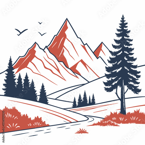 Majestic red mountains and dark pine trees in a scenic landscape nature
