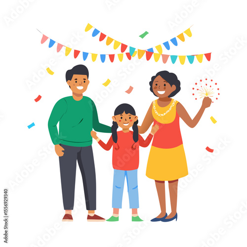 Happy family celebrating with sparkler and confetti celebration festive