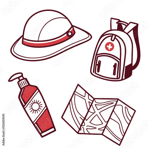 Safari hat sunscreen backpack map medical symbol vector