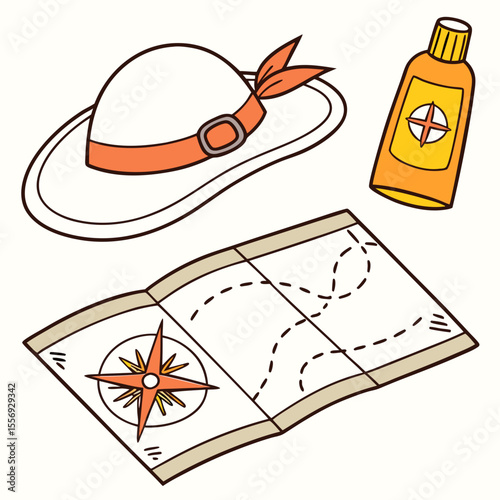 White sun hat with orange band sunscreen bottle and folded map travel vacation