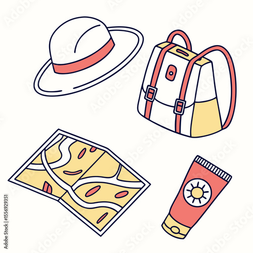 White hat backpack map and sunscreen travel essentials vacation adventure