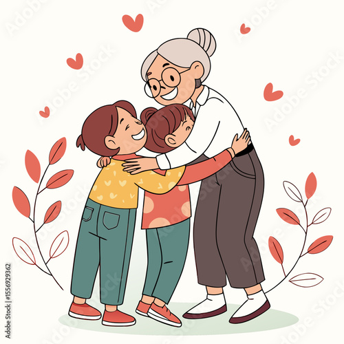 Grandmother hugging grandchildren with hearts and leaves family love