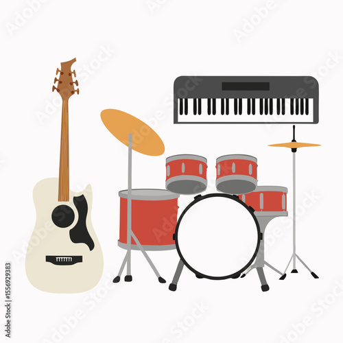 Acoustic guitar drum set and keyboard musical instruments white guitar