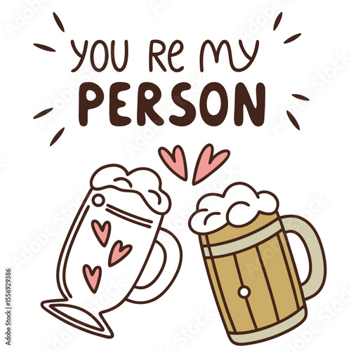 Two beer mugs with foamy tops and hearts friendship love