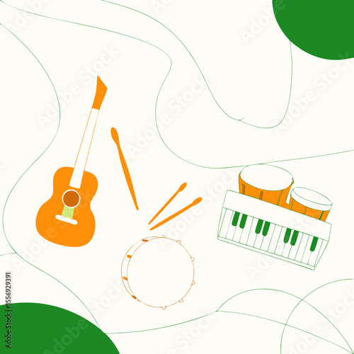 Orange guitar piano drums and green abstract shapes drumsticks tambourine