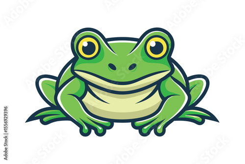 Cartoon green tree frog smiles directly forward, sitting with poised legs in place