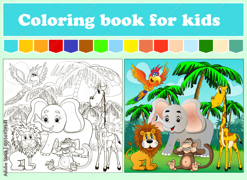 Fototapeta premium Coloring book for kids featuring elephant and jungle animals 