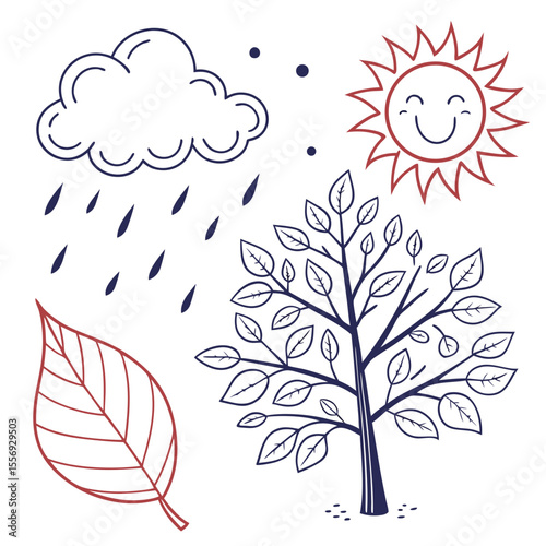 Happy sun cloud rain tree leaf doodle nature icons