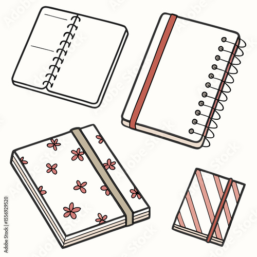 Four notebooks with decorative covers and bindings journal planner