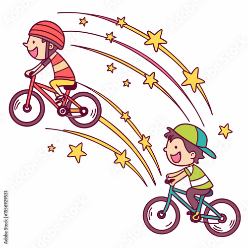 Two happy boys riding bicycles with star trails children cycling