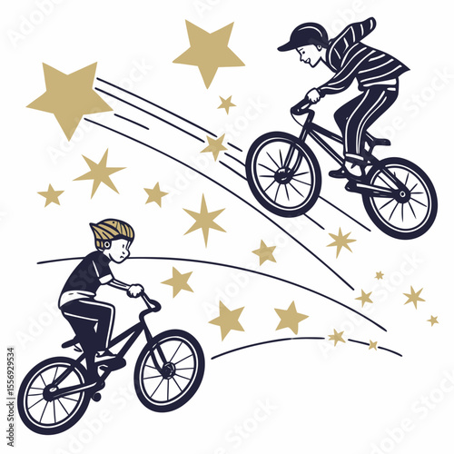 Boys riding bicycles with golden stars vector