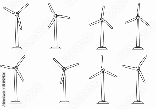 Simple line art illustrations of wind turbines for renewable energy concepts