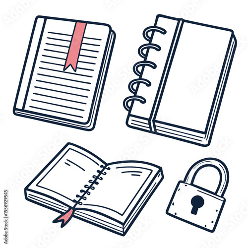 Open and closed notebooks with pink bookmarks and a padlock journal diary