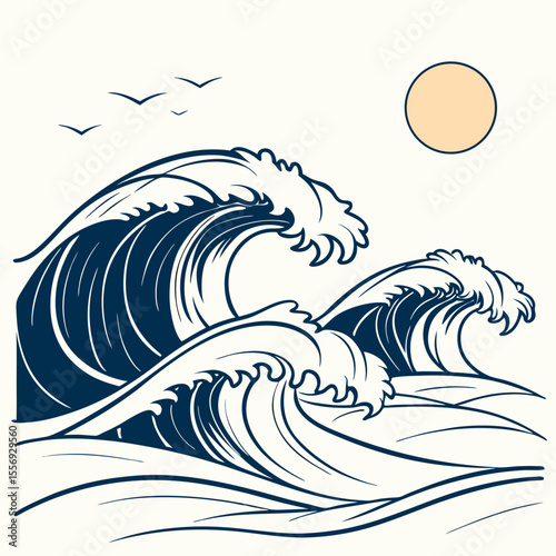 Majestic ocean waves under a pale sun with soaring birds crashing waves water