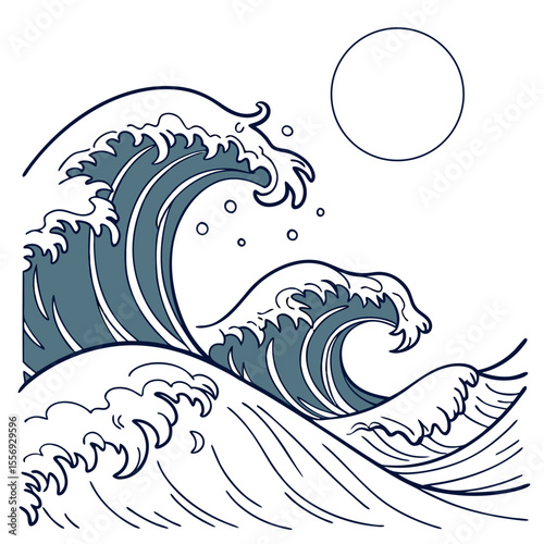 Majestic ocean waves with minimalist sun in background crashing waves blue waves