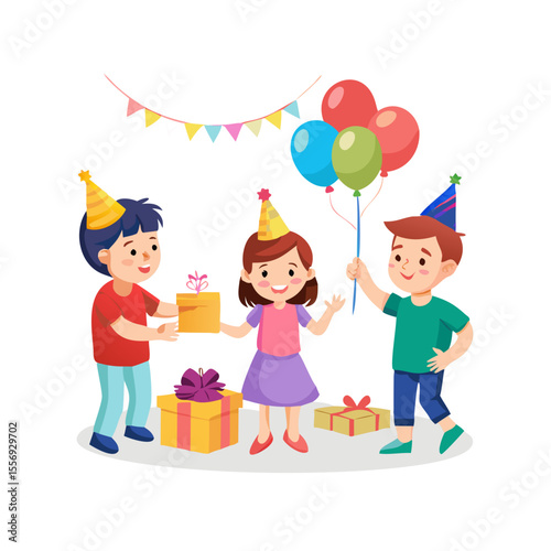 Cheerful children celebrating birthday with gifts and balloons party kids
