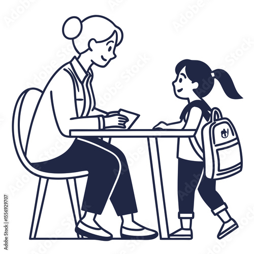 Teacher and student meeting at desk with books and backpack vector