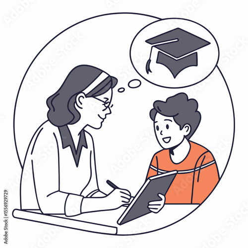 Teacher and student discussing graduation cap during meeting education