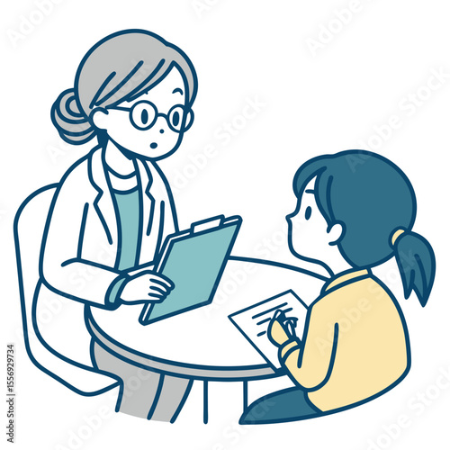 Teacher and student meeting discussing paperwork discussion
