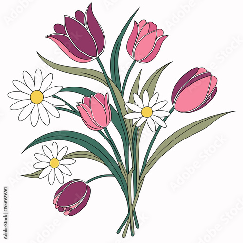 Pink and purple tulips with white daisies bouquet daisy flower