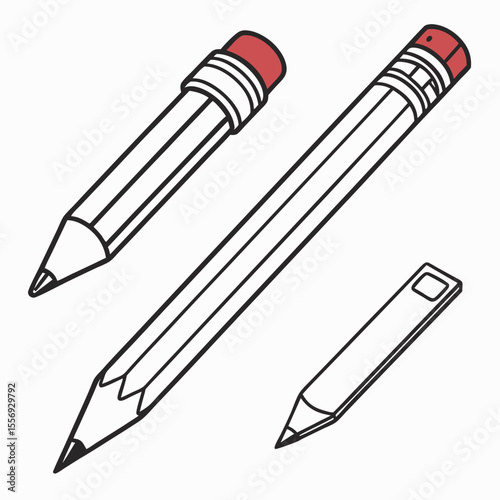 Pencil icons with red erasers and sharpened tips writing drawing