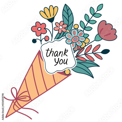 Colorful floral bouquet with thank you message flowers leaves
