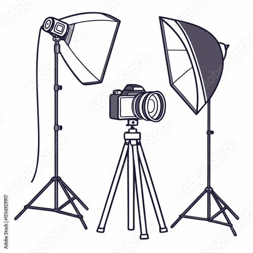 Studio lighting setup with camera on tripod photography equipment