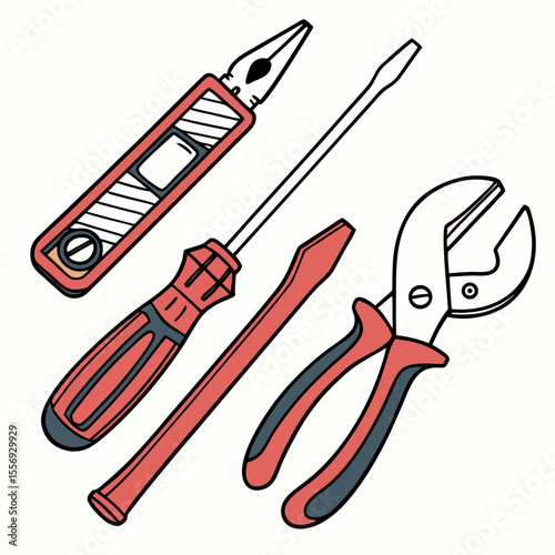 Red and gray pliers screwdrivers and wrench tool repair