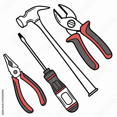 Hammer pliers screwdrivers tool set red gray tools repair