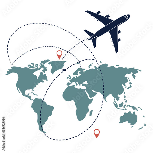 Dark blue airplane flies over teal world map with dashed travel routes flight path