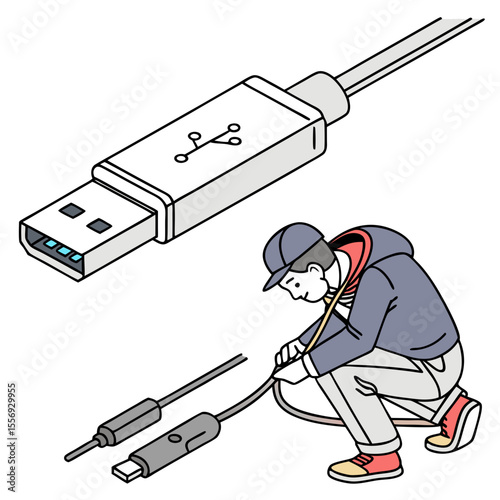 Person repairing white usb cable with gray connectors fixing technology