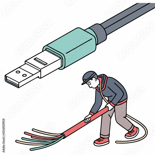 Person repairing colorful wires connected to usb plug usb cable fixing