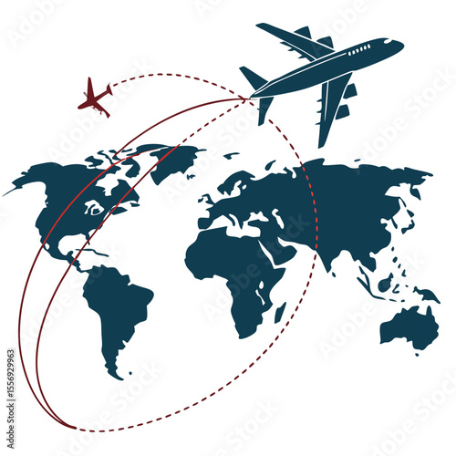 Global flight paths connecting continents with aircraft airplane world map