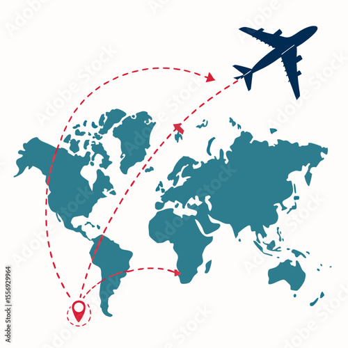 Blue airplane flying over teal world map with red dashed travel path flight path