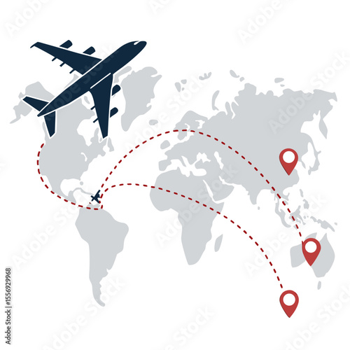 Dark blue airplane flies across grey world map with red dotted travel path flight path